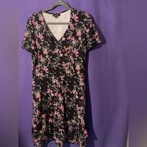 Floral Black Dress with Pink and Green Accents